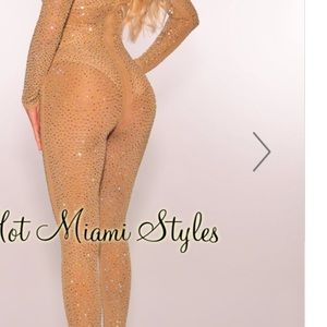 Hot Miami Styles nude rhinestone jumpsuit